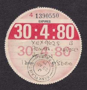 UK: Motor Vehicle disc from GREAT BRITAIN: 1980 Bank Plain cancel