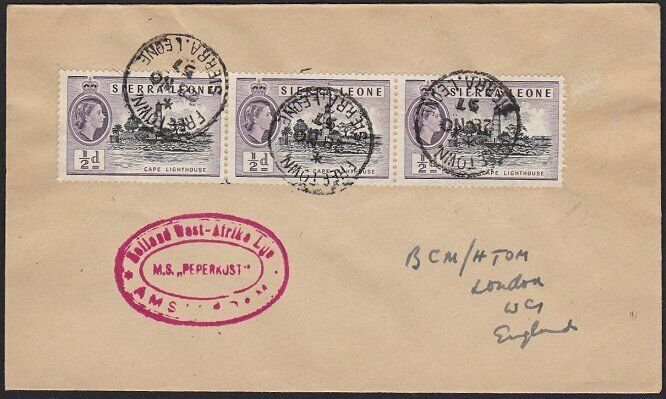 SIERRA LEONE 1957 Ship cover - MS Peperkust - Freetown cds..................H335