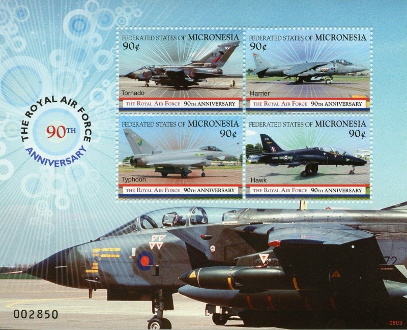 Micronesia 2008 MNH RAF Royal Air Force 90th Anniv 4v M/S Aviation Stamps