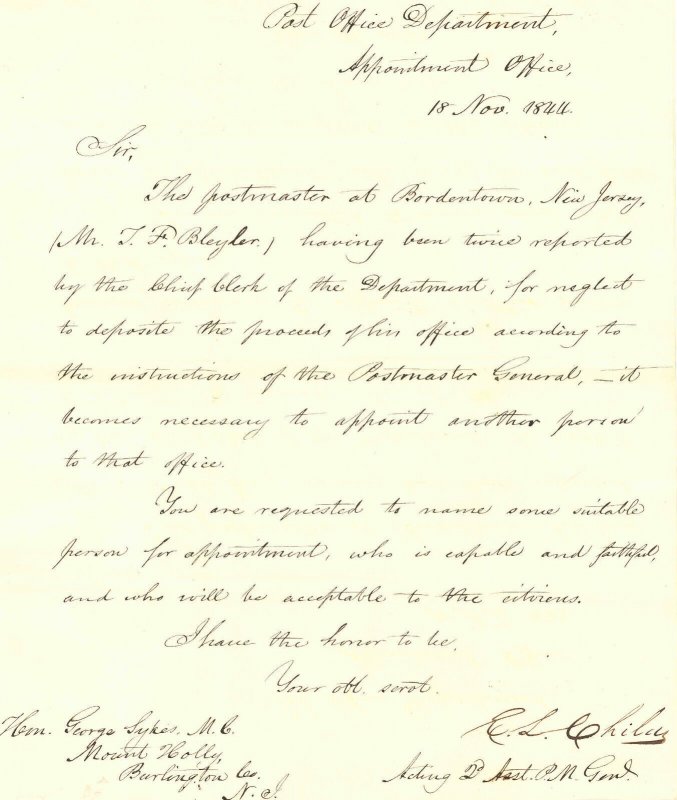 BORDENTOWN NJ POST OFFICE HISTORCIAL DOCUMENTS