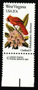 US 2000 State Birds & Flowers West Virginia 20c copyright single L MNH 1982