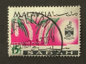 Malaysia, Sabah 1965 Scott 22 used - 15c, Orchids & Coat of Arms