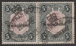 SWAZILAND 1904 KEVII Transvaal Revenue 5/- rejoined pair. Bft 32 cat £150+. Rare