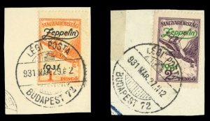 Hungary #C24-25 Cat$130, 1931 Zeppelin, set of two, each used on piece