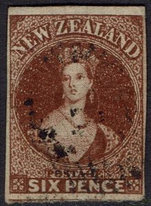 NEW ZEALAND 1862 QV CHALON 6D RED BROWN IMPERF WMK LARGE STAR USED
