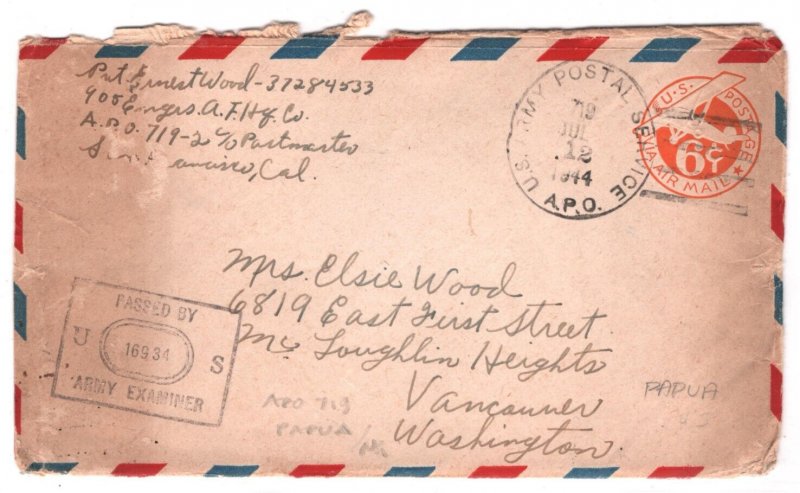 USA Used PAPUA NEW GUINEA WW2 1944 Cover *APO.719* Engineers Letter-Head KA661