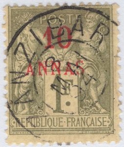 French Offices Zanzibar 1894-96 used Sc 10 10a on 1fr Peace and Commerce