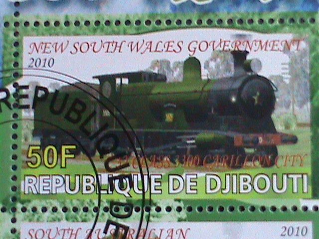 DJIBOUTI-2010 WORLD FAMOUS LOCO MOTIVE TRAINS CTO SHEET VF-WITH FANCY CANCEL