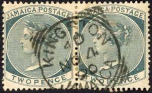 Jamaica SG20a 2d Slate Wmk CA (toned) Kingston Squared Circle Pmk