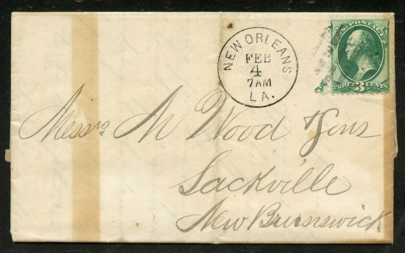 US Scott 158 on 1876 Cover from New Orleans to Sackville New Brunswick Canada