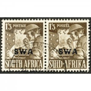 South West Africa 1943 1s 3d olive-brown SG120 used pair