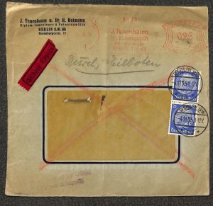 GERMANY 425 (x2) STAMPS & METER MARKS & CLERK BERLIN TO NY EXPRESS COVER 1935