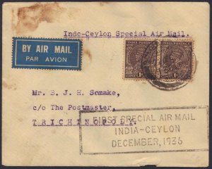 INDIA CEYLON 1936 FIRST SPECIAL AIR MAIL INDIA CEYLON DEC. 1936 BOMBAY 22.DEC.36