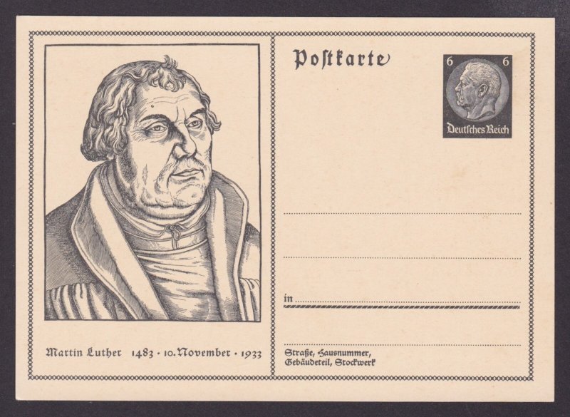 GERMANY 1933, Pre-stamped postcard Mi #P224, Martin Luther, Unused