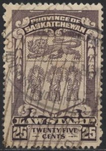 Canada SL36 (used, tear) 25c Saskatchewan law stamp, lilac (1908)