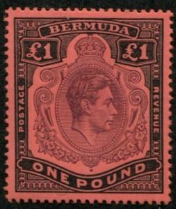 Bermuda SC# 128 SG# 121b George VI £1 p14 pale purple & black on pale red MVLH