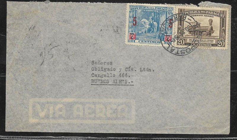 AAMER-54 PARAGUAY 1945 OLD COVER TO ARGENTINA 20 GsX1TRAIN+5/7GSX1 SOLANO LOPEZ 