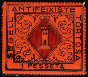 1937 Spain Civil War Local Revenue 1 Peseta Tortosa Anti-Fascist Seal