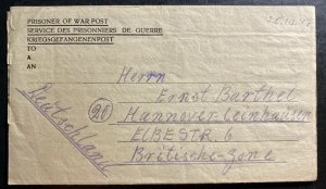 1947 German POW Prisoner Of War British Africa  Camp Letter Cover To Hannover