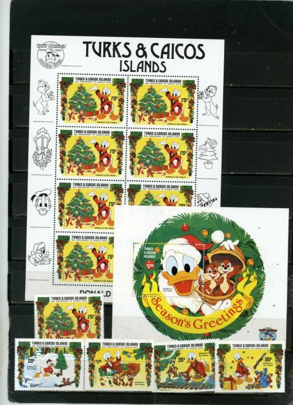 TURKS & CAICOS ISLANDS 1984 DISNEY CHRISTMAS SET OF 5 STAMPS,SHEET & S/S MNH 