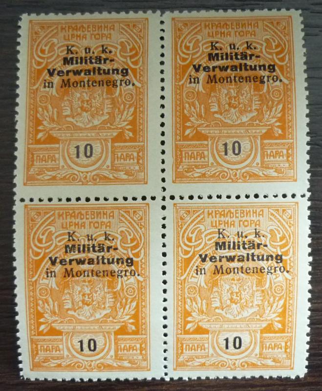 WWI MONTENEGRO - AUSTRIA - REVENUE STAMPS - BLOCK OF 4 R! yugoslavia J7