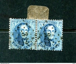 Belgium 1863 20c Blue Pair Used perf 12.5x13.5 Sc 15c 13714