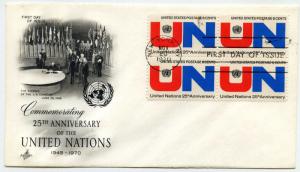1419 United Nations 25th Anniversary, ArtCraft, block of 4, FDC