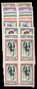 Ivory Coast #171-179 Cat$45.80, 1960 Masks, complete set in blocks of four, n...