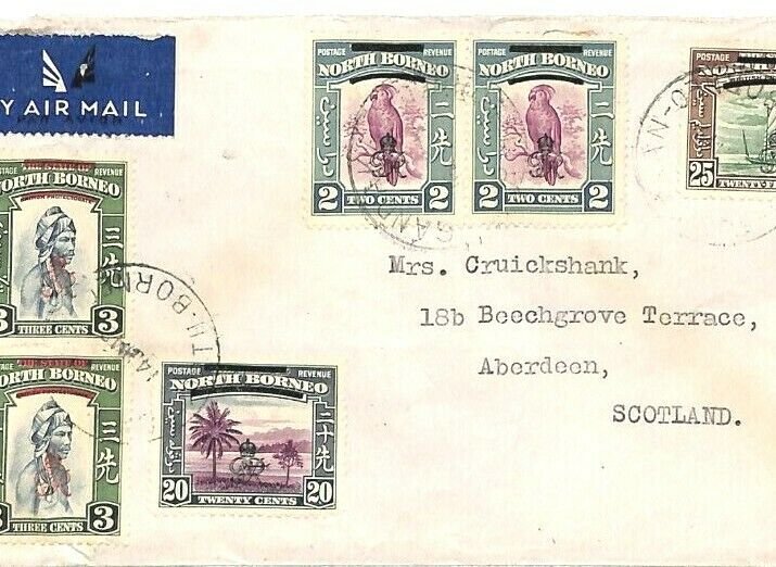 NORTH BORNEO Air Mail Cover SABAH *Sandakan* Overprints GB Scotland 1948 GV124