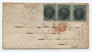 1867 #68x3 cover from Great Bend PA to Paris Exposition France [6572]