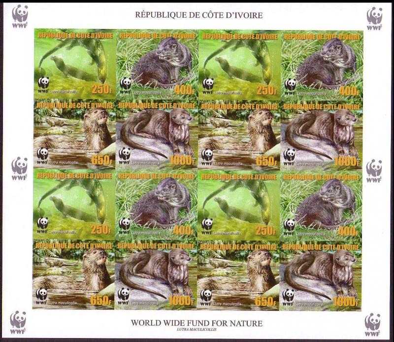 Ivory Coast WWF Speckle-throated Otter Imperforated Sheetlet of 4 sets reprint