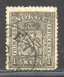 Norway Scott 11 Used LH - 1868 1s Coat of Arms - SCV $55.00