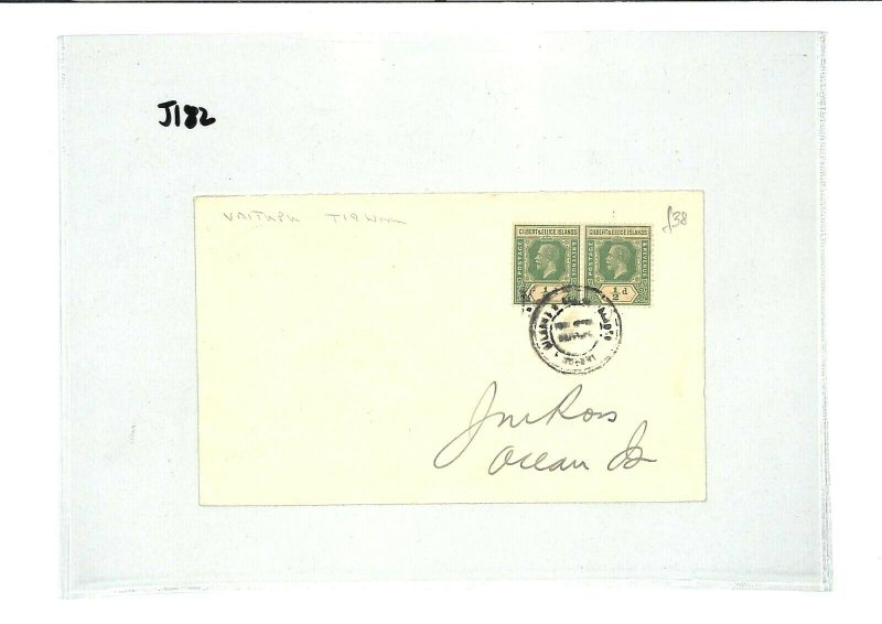 GILBERT & ELLICE ISLANDS Postmark *Vaitupu*1d Rate Cover Ocean Island 1938 GJ182
