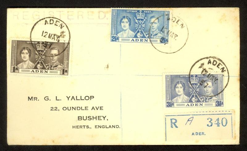 ADEN 1937 KGVI CORONATION Set on Registered FDC Sc 13-15