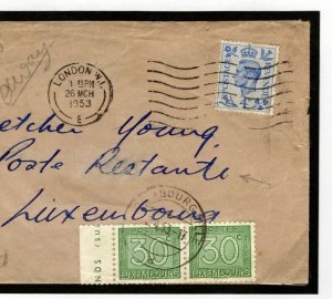 GB KGVI Cover London LUXEMBOURG Postage Dues POSTE RESTANTE Fee? 1953 Taxe K267a