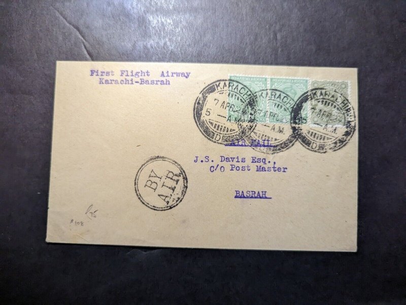 1929 British India Airmail First Flight Cover Karachi to Basrah JS Davis Esquire