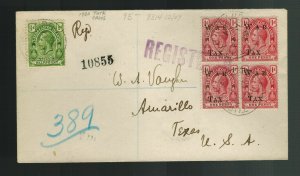 1920 Turks Caicos Islands Cover to USA War Tax Overprints Registered