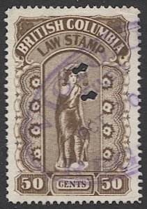 CANADA British Columbia 50c Used Law Stamp Revenue, VD BCL-25