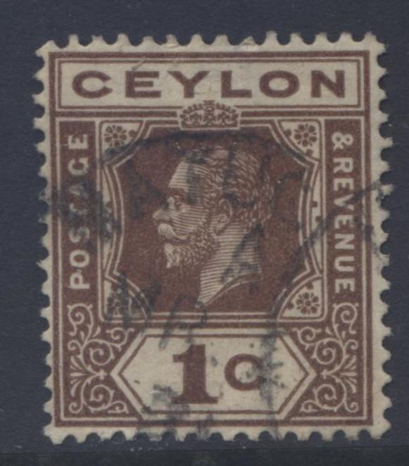 CEYLON -Scott 200- KGV - Definitive- 1912- Wmk 3 - Used -Single 1c Stamp