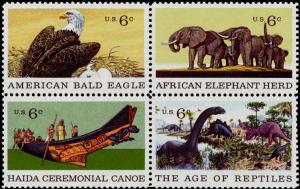 1970 6c Natural History, Eagle, Elephant, Block of 4 Scott 1387-90 Mint F/VF NH