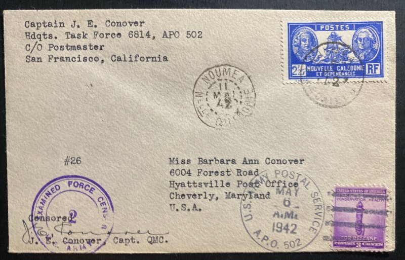 1951 USA Army APO 502 In Noumea New Caledonia Censored Cover Captain Conover 