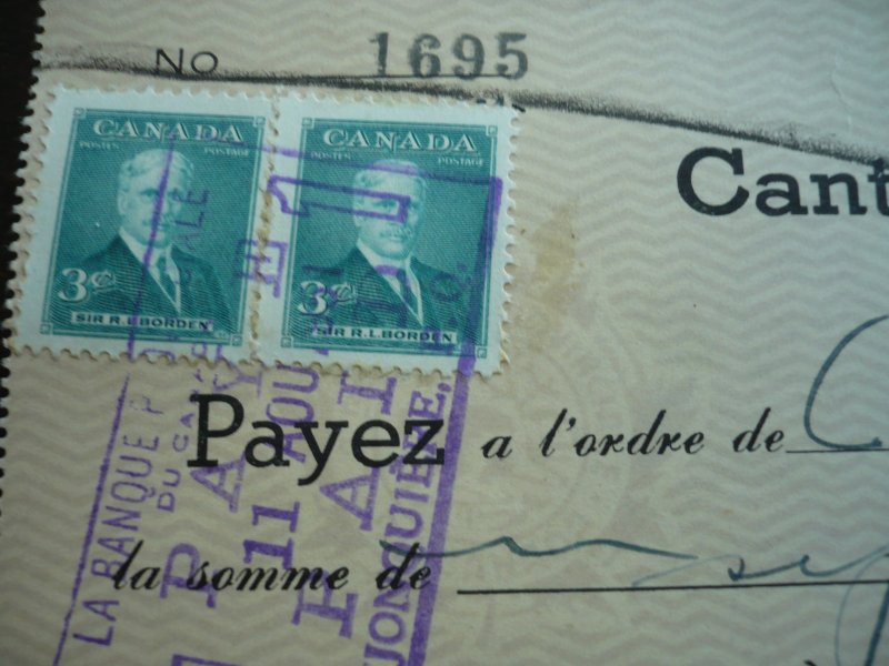 Canada - Revenue - KGVI Prime Minister Issue Stamps on cheque dated 1951