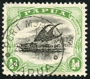 Papua 1/2d Black and yellow-green Variety Broad D at right Fine used