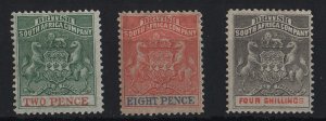 Rhodesia 1892 Thin wove paper 2d, 8d, 4s sg20, 24, 26 very fine mint cat £126