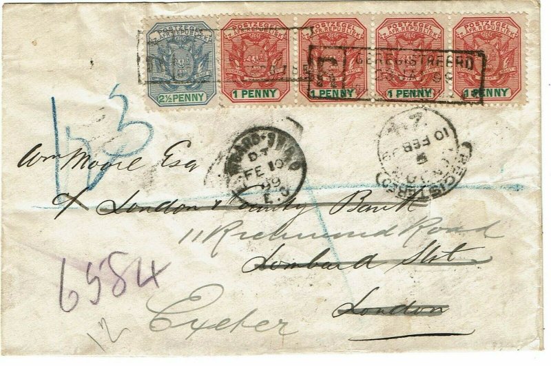 Transvaal 1899 boxed registry cancel on cover to England, mining imprint reverse