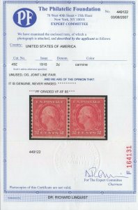 #492 Mint Line Pair w/PF Cert. SMQ $135 (JH 11/11) GP