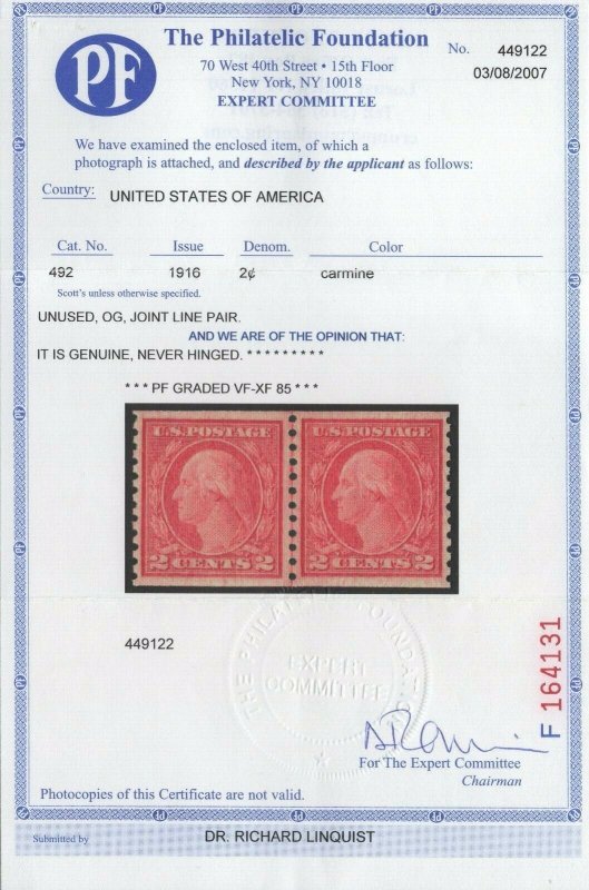 #492 Mint Line Pair w/PF Cert. SMQ $135 (JH 11/11) GP