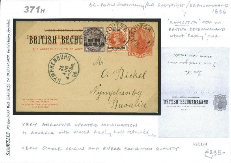 371h 1896 BRITISH BECHUANALAND *Ramoutsa*Uprated Intact Reply Card Cover Bavaria