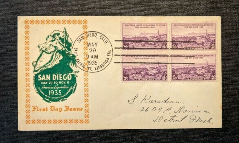 1935 San Diego California FDC 773 2 Cover to Detroit Michigan