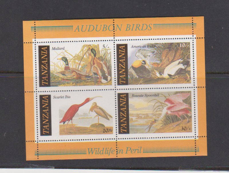 Audubon Bird Scarlet Ibis Eider Mallard Roseate MNH Minisheet of 4 Tanzania